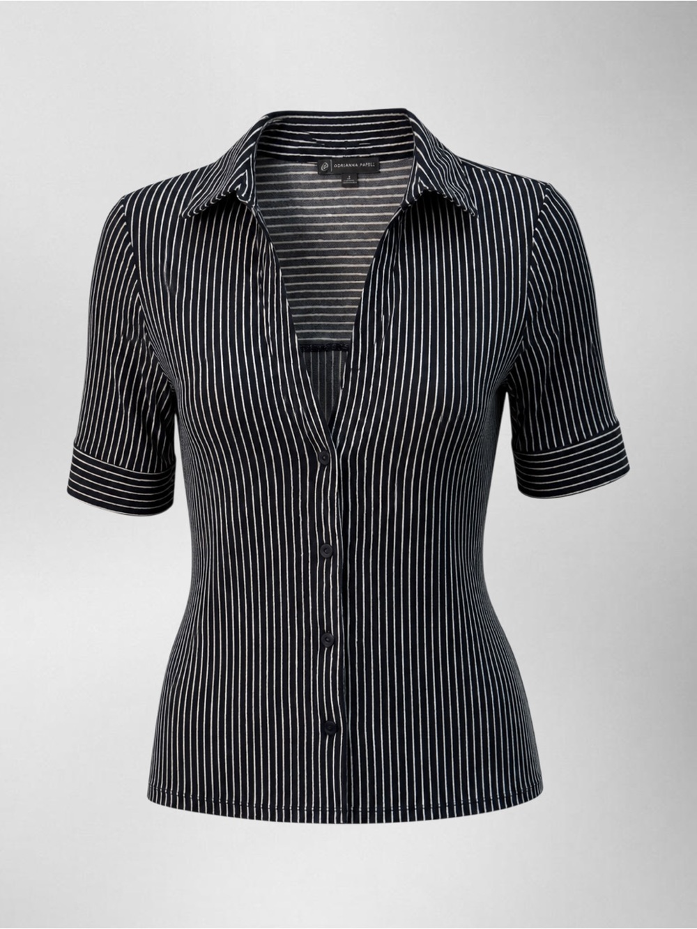 Adrianna Papell Striped Black and White Button-Up Short Sleeve Top